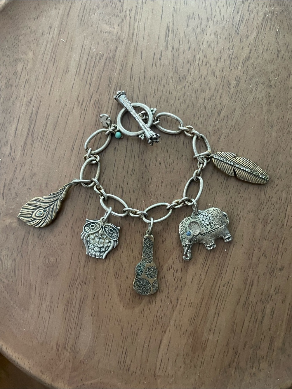Lucky Brand Boho Silver-Tone Charm Bracelet w/ Owl, Elephant, Guitar & Feathers